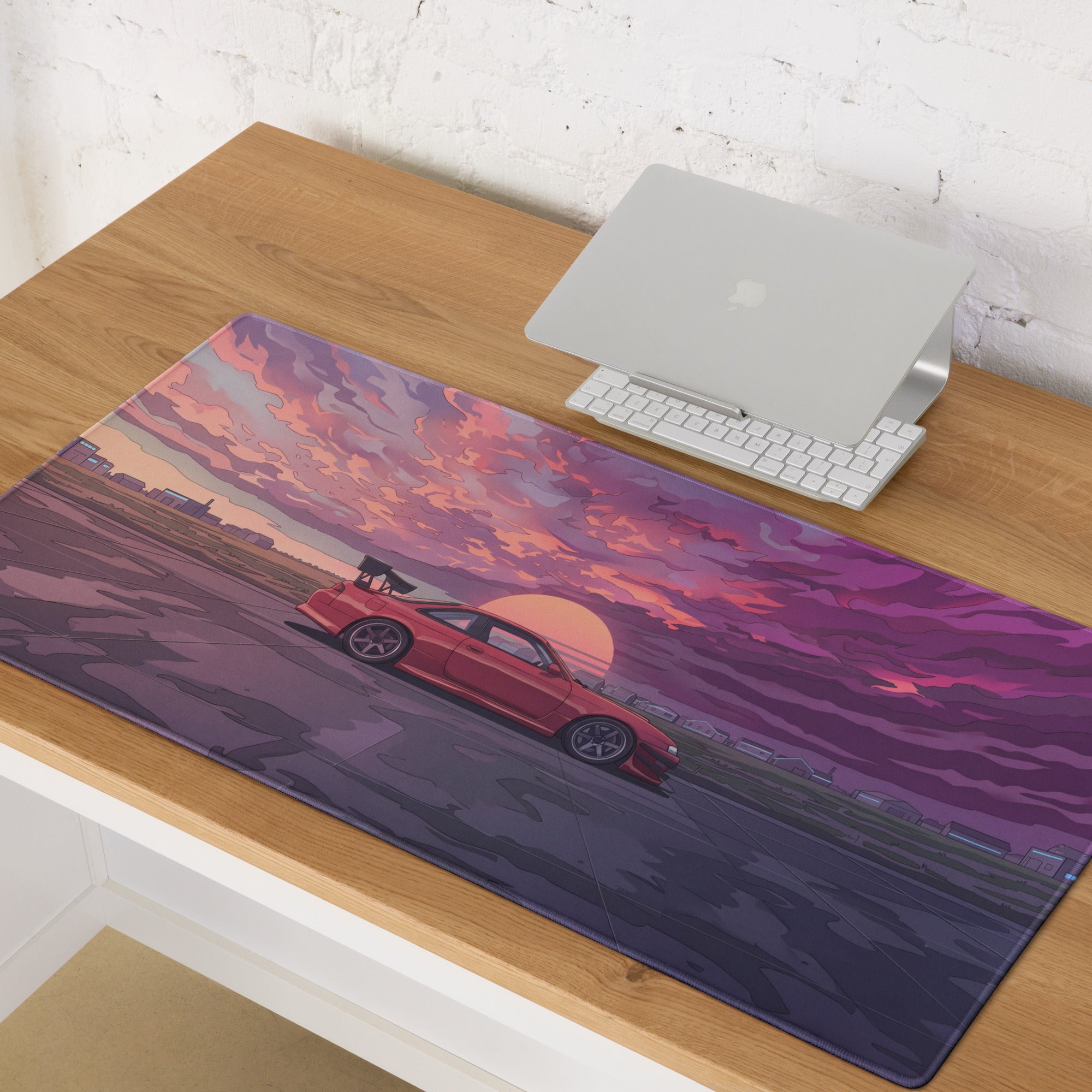 Nissan Silvia S14 Inspired Red Purple Vaporwave Gaming Mouse Pad, Retro Futuristic JDM Sunset Desk Mat with Moody Drift Car Artwork