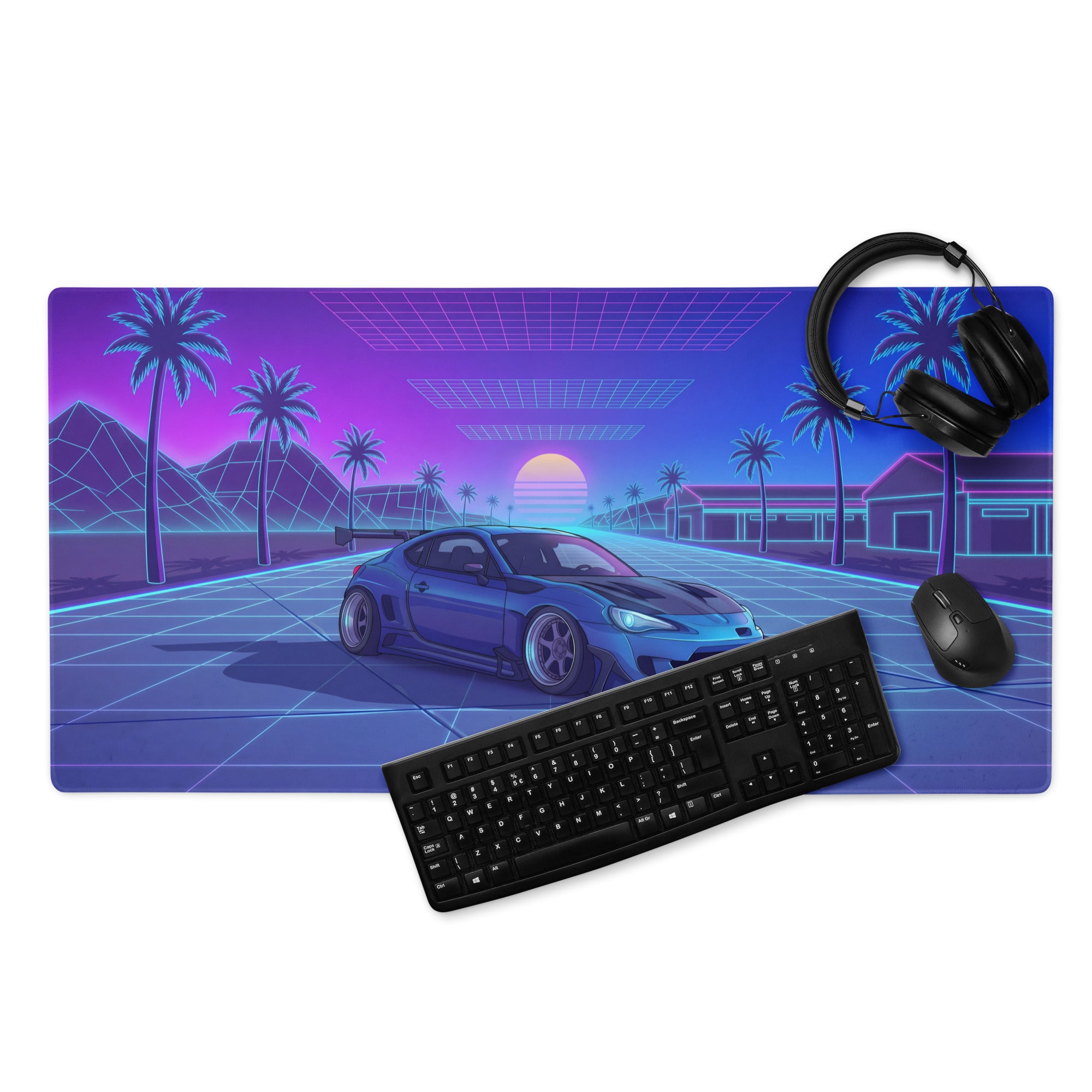 Toyota GR86 Inspired Blue Purple Vaporwave Gaming Mouse Pad, Neon Retro Futuristic JDM Desk Mat with Synthwave Palm Tree Sports Car Art
