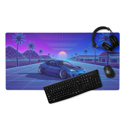 Toyota GR86 Inspired Blue Purple Vaporwave Gaming Mouse Pad, Neon Retro Futuristic JDM Desk Mat with Synthwave Palm Tree Sports Car Art