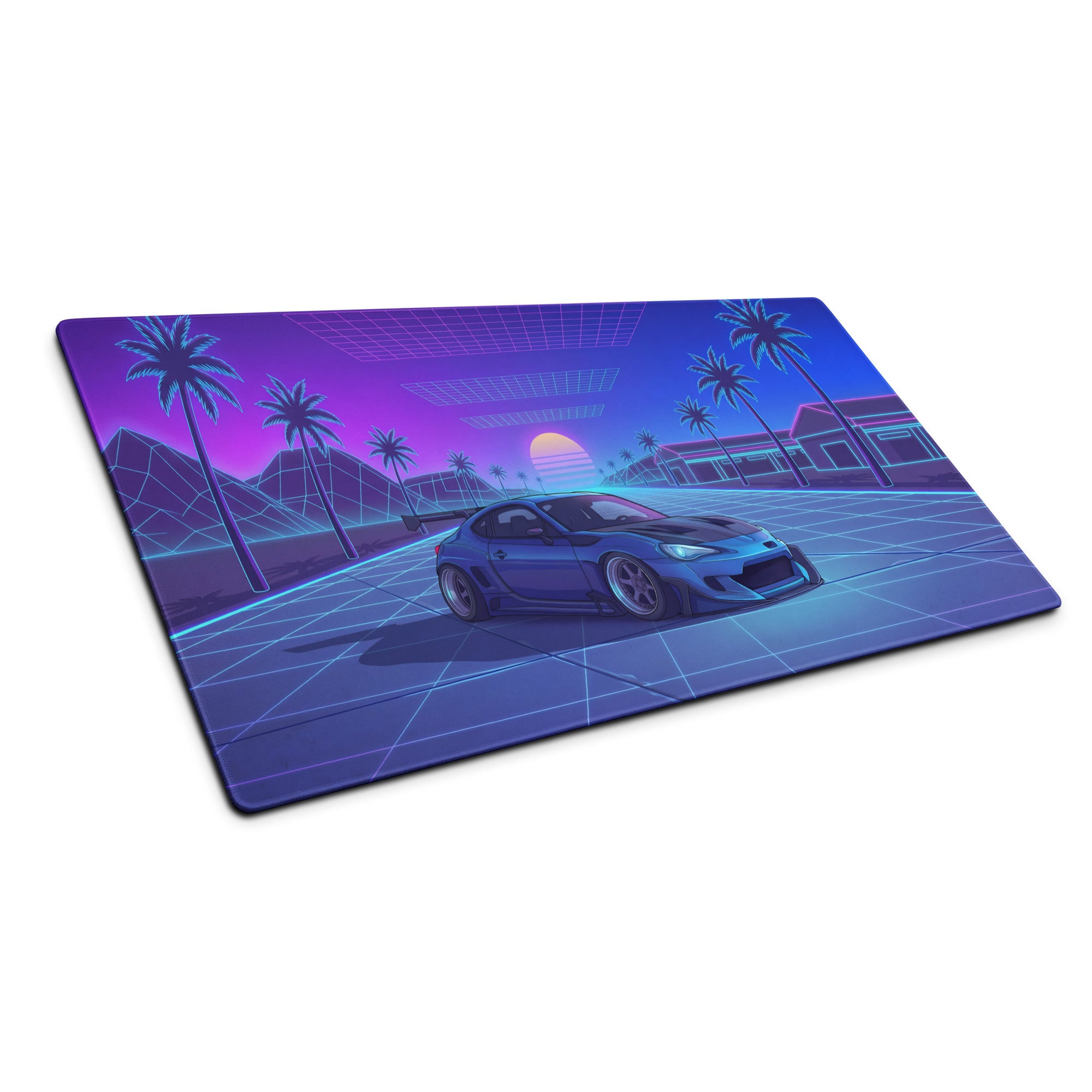 Toyota GR86 Inspired Blue Purple Vaporwave Gaming Mouse Pad, Neon Retro Futuristic JDM Desk Mat with Synthwave Palm Tree Sports Car Art