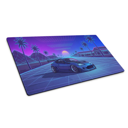 Toyota GR86 Inspired Blue Purple Vaporwave Gaming Mouse Pad, Neon Retro Futuristic JDM Desk Mat with Synthwave Palm Tree Sports Car Art