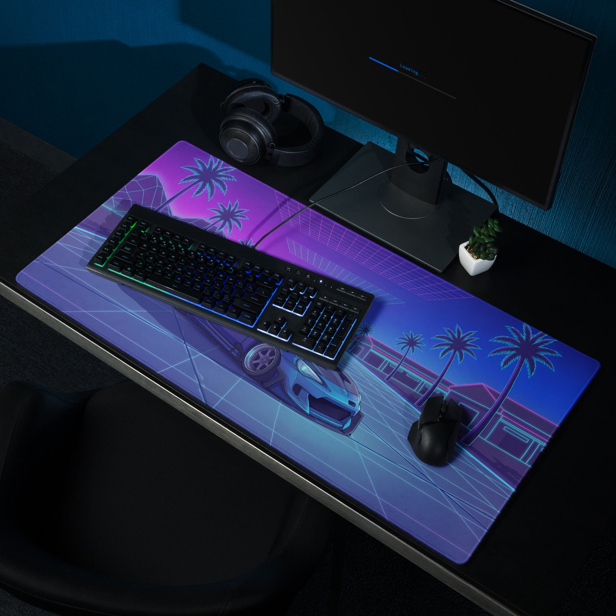 Toyota GR86 Inspired Blue Purple Vaporwave Gaming Mouse Pad, Neon Retro Futuristic JDM Desk Mat with Synthwave Palm Tree Sports Car Art