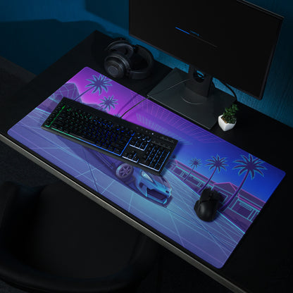 Toyota GR86 Inspired Blue Purple Vaporwave Gaming Mouse Pad, Neon Retro Futuristic JDM Desk Mat with Synthwave Palm Tree Sports Car Art