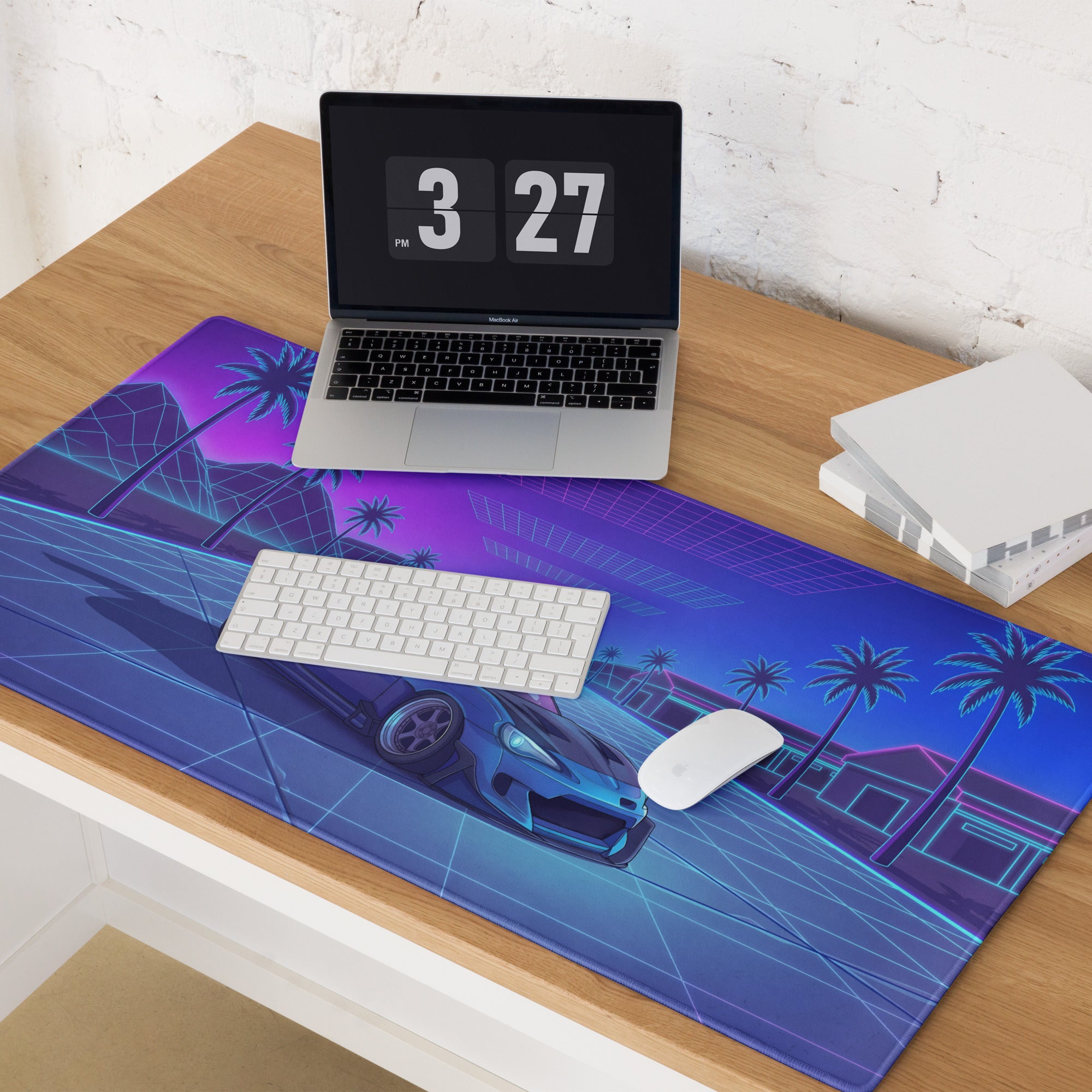 Toyota GR86 Inspired Blue Purple Vaporwave Gaming Mouse Pad, Neon Retro Futuristic JDM Desk Mat with Synthwave Palm Tree Sports Car Art
