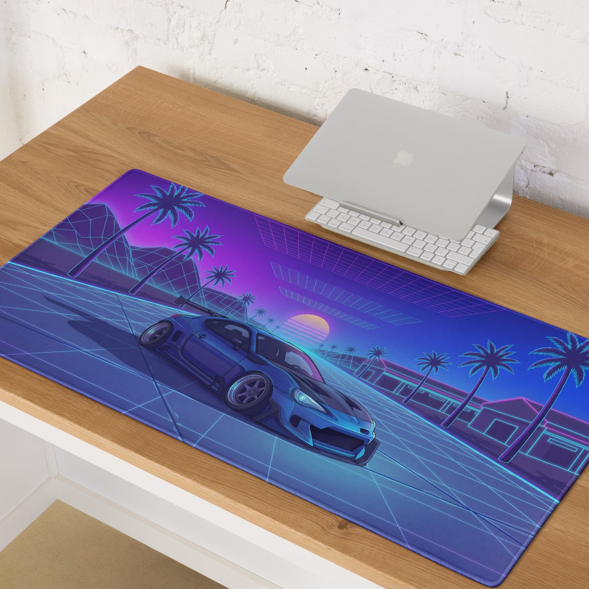 Toyota GR86 Inspired Blue Purple Vaporwave Gaming Mouse Pad, Neon Retro Futuristic JDM Desk Mat with Synthwave Palm Tree Sports Car Art