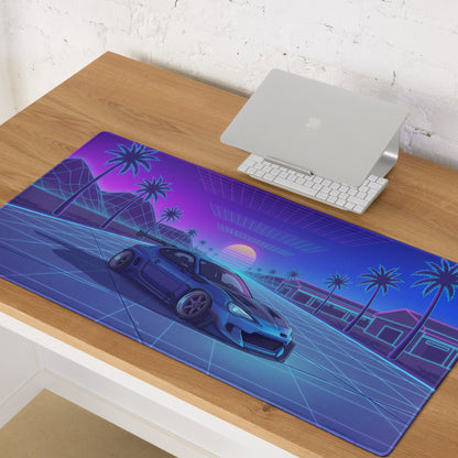 Toyota GR86 Inspired Blue Purple Vaporwave Gaming Mouse Pad, Neon Retro Futuristic JDM Desk Mat with Synthwave Palm Tree Sports Car Art