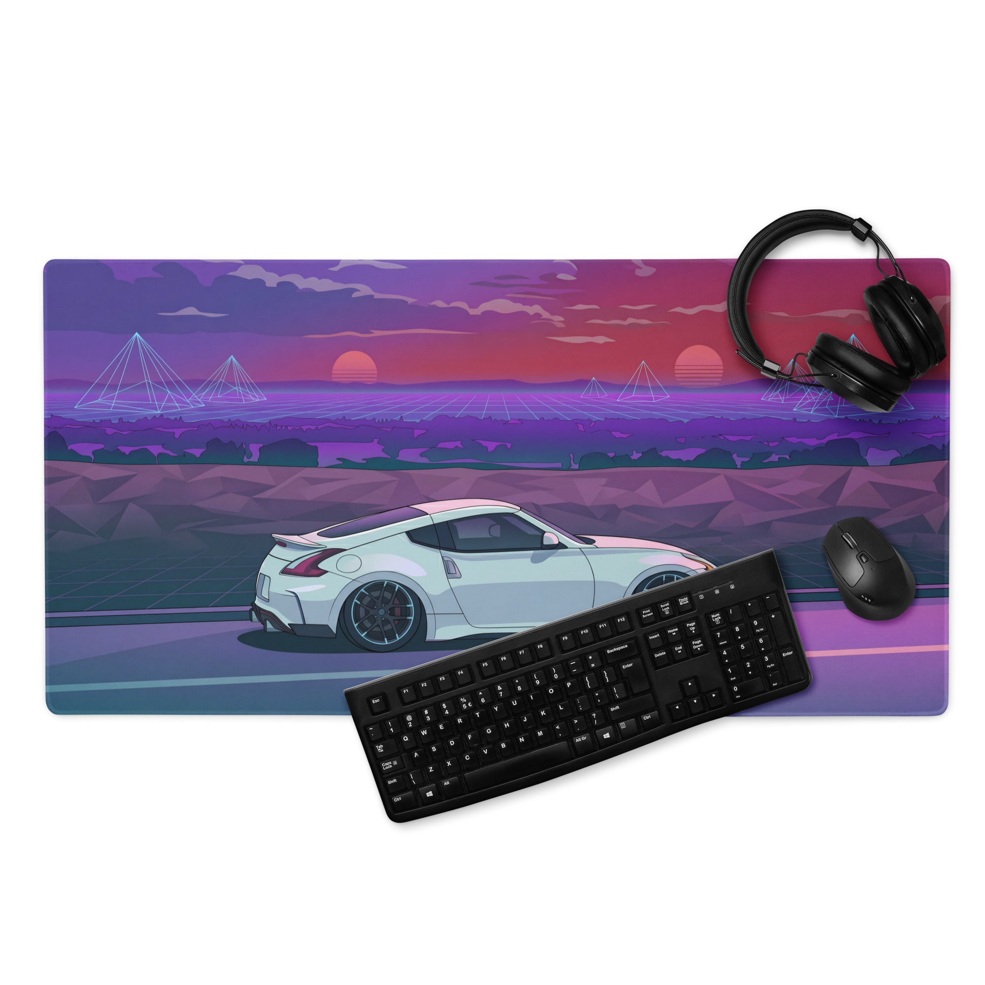 Nissan 370Z Z34 Inspired White Purple Vaporwave Gaming Mouse Pad, Neon Retro Futuristic JDM Desk Mat with Synthwave Sunset Sports Car Art
