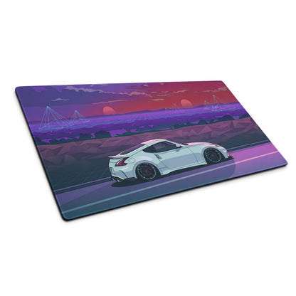 Nissan 370Z Z34 Inspired White Purple Vaporwave Gaming Mouse Pad, Neon Retro Futuristic JDM Desk Mat with Synthwave Sunset Sports Car Art
