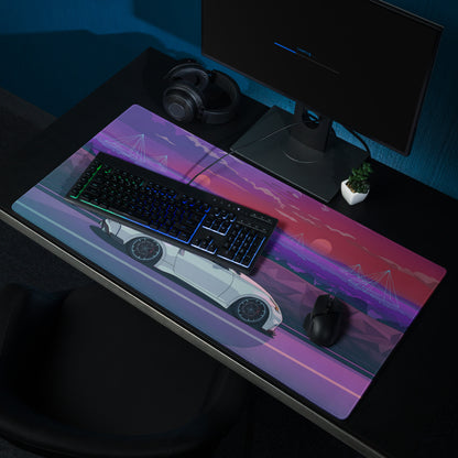 Nissan 370Z Z34 Inspired White Purple Vaporwave Gaming Mouse Pad, Neon Retro Futuristic JDM Desk Mat with Synthwave Sunset Sports Car Art