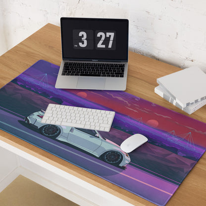 Nissan 370Z Z34 Inspired White Purple Vaporwave Gaming Mouse Pad, Neon Retro Futuristic JDM Desk Mat with Synthwave Sunset Sports Car Art