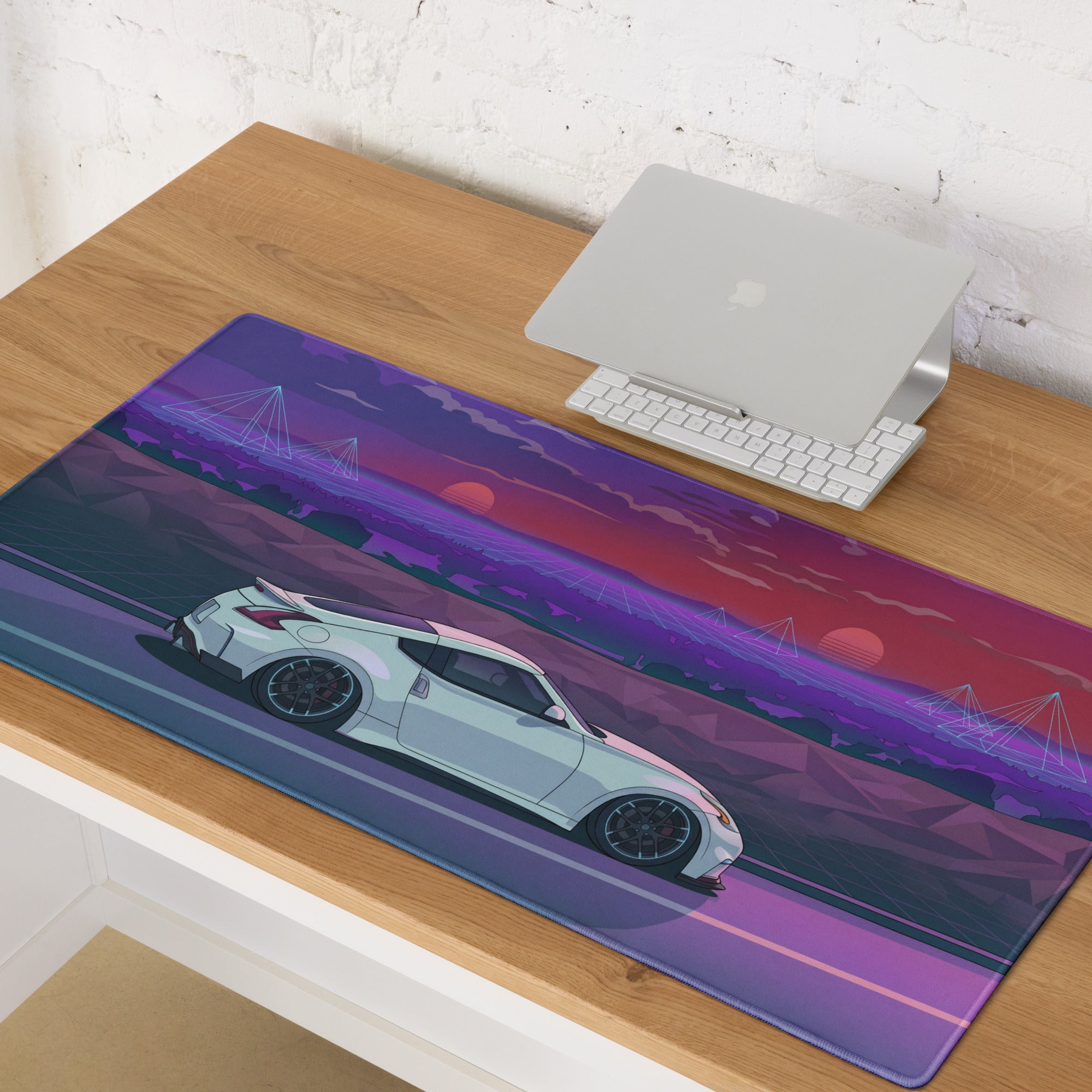 Nissan 370Z Z34 Inspired White Purple Vaporwave Gaming Mouse Pad, Neon Retro Futuristic JDM Desk Mat with Synthwave Sunset Sports Car Art