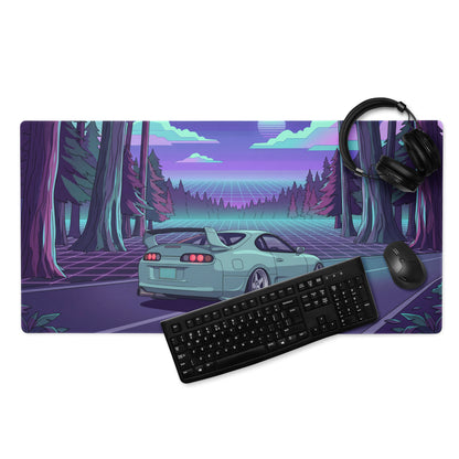 Toyota Supra MK4 Inspired Mint Green Purple Vaporwave Gaming Mouse Pad, Neon Retro Futuristic JDM Forest Road Desk Mat with Synthwave Sports Car Art
