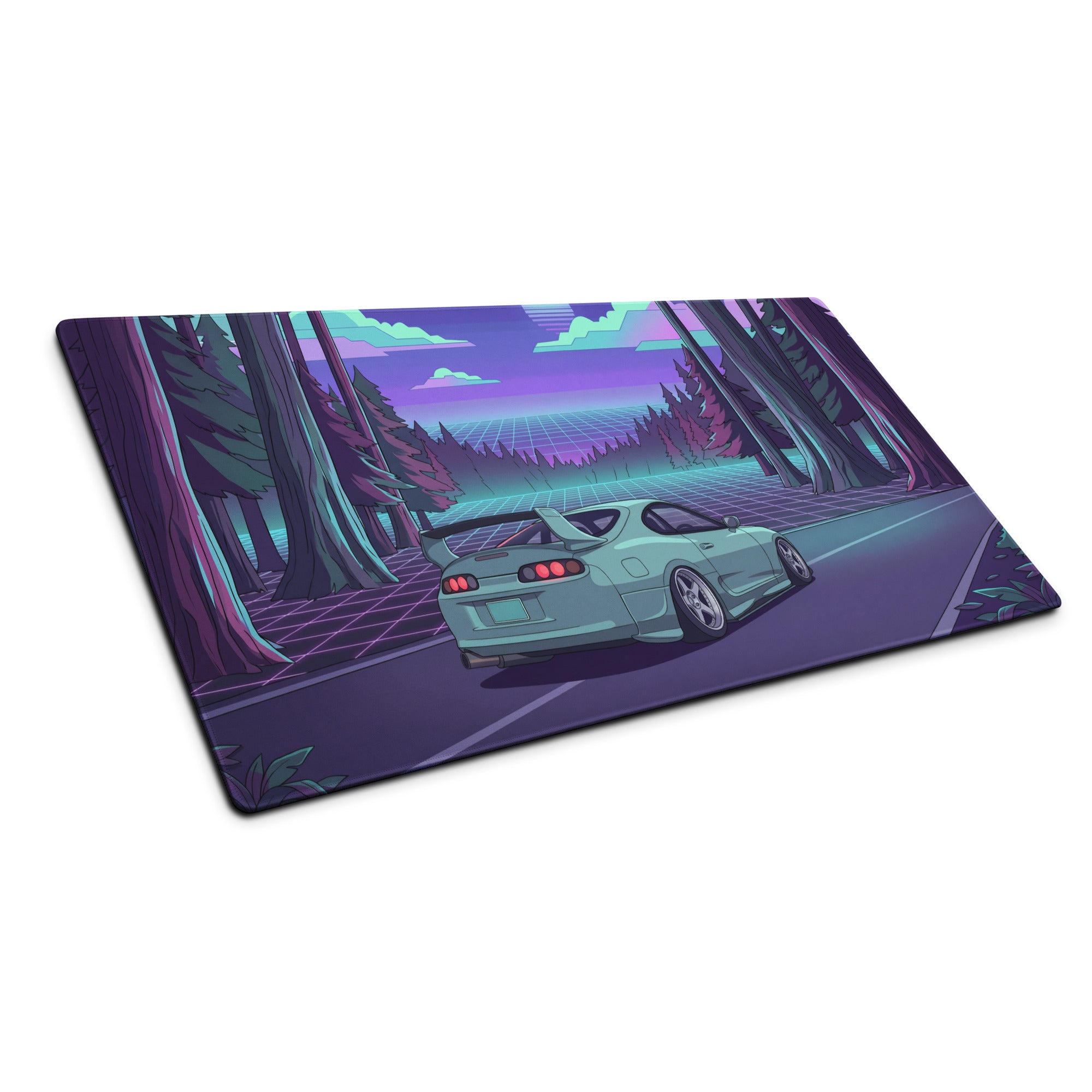 Toyota Supra MK4 Inspired Mint Green Purple Vaporwave Gaming Mouse Pad, Neon Retro Futuristic JDM Forest Road Desk Mat with Synthwave Sports Car Art