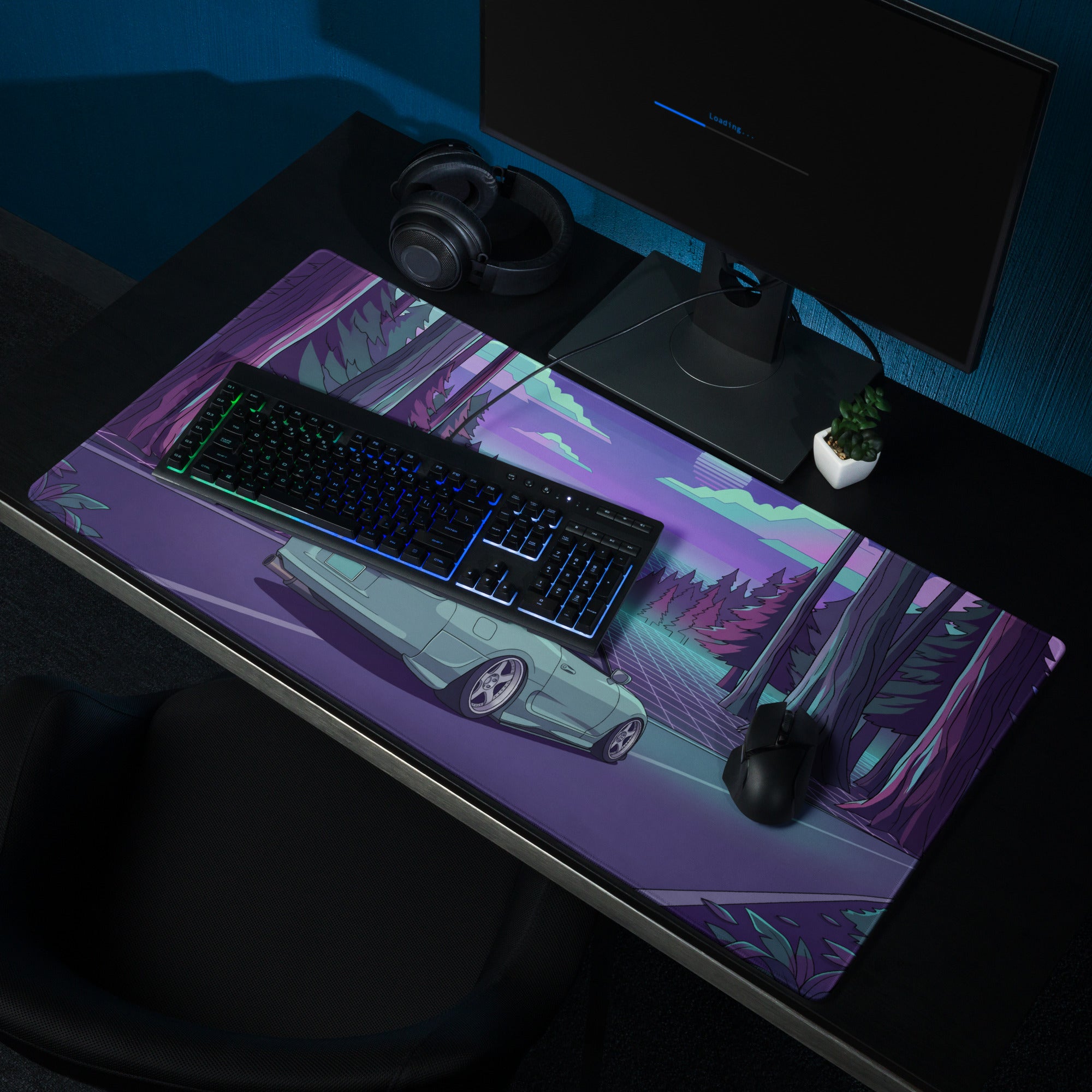 Toyota Supra MK4 Inspired Mint Green Purple Vaporwave Gaming Mouse Pad, Neon Retro Futuristic JDM Forest Road Desk Mat with Synthwave Sports Car Art