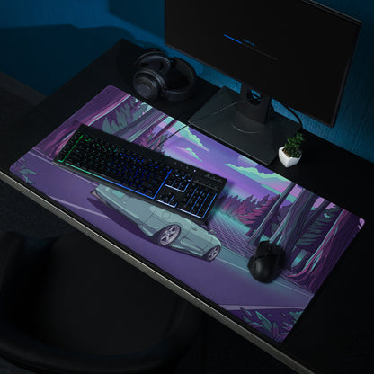 Toyota Supra MK4 Inspired Mint Green Purple Vaporwave Gaming Mouse Pad, Neon Retro Futuristic JDM Forest Road Desk Mat with Synthwave Sports Car Art