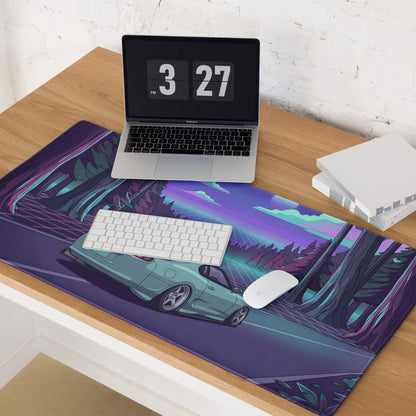 Toyota Supra MK4 Inspired Mint Green Purple Vaporwave Gaming Mouse Pad, Neon Retro Futuristic JDM Forest Road Desk Mat with Synthwave Sports Car Art