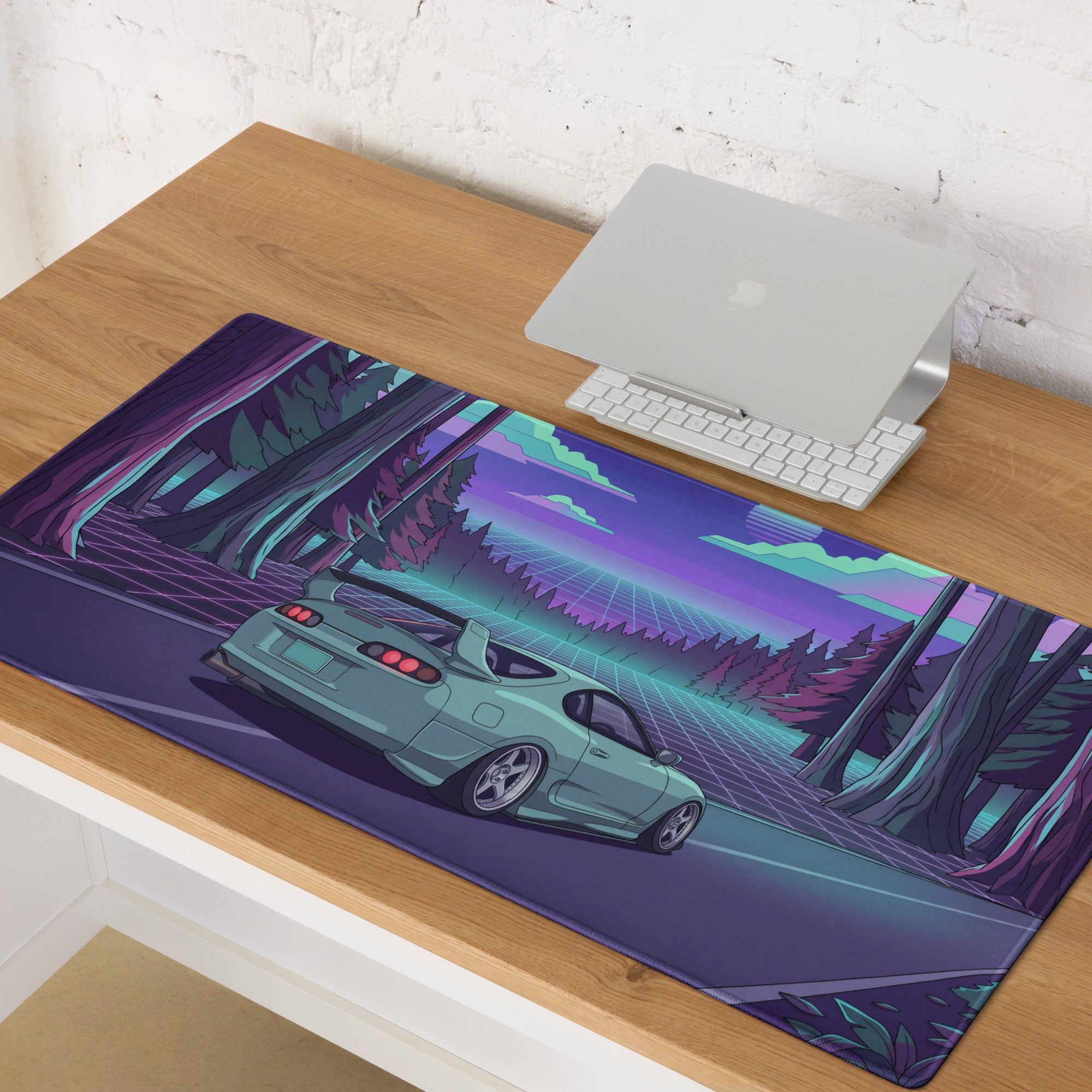 Toyota Supra MK4 Inspired Mint Green Purple Vaporwave Gaming Mouse Pad, Neon Retro Futuristic JDM Forest Road Desk Mat with Synthwave Sports Car Art