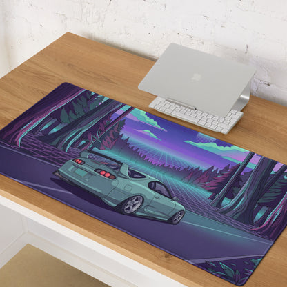 Toyota Supra MK4 Inspired Mint Green Purple Vaporwave Gaming Mouse Pad, Neon Retro Futuristic JDM Forest Road Desk Mat with Synthwave Sports Car Art