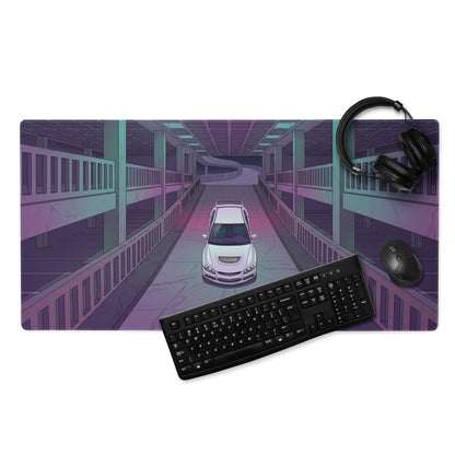 Mitsubishi Lancer Evolution IX Inspired White Purple Vaporwave Gaming Mouse Pad, Neon Futuristic JDM Parking Garage Rally Car Art
