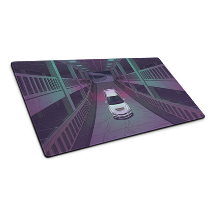 Mitsubishi Lancer Evolution IX Inspired White Purple Vaporwave Gaming Mouse Pad, Neon Futuristic JDM Parking Garage Rally Car Art