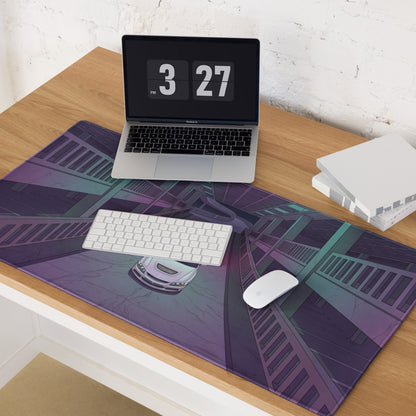 Mitsubishi Lancer Evolution IX Inspired White Purple Vaporwave Gaming Mouse Pad, Neon Futuristic JDM Parking Garage Rally Car Art
