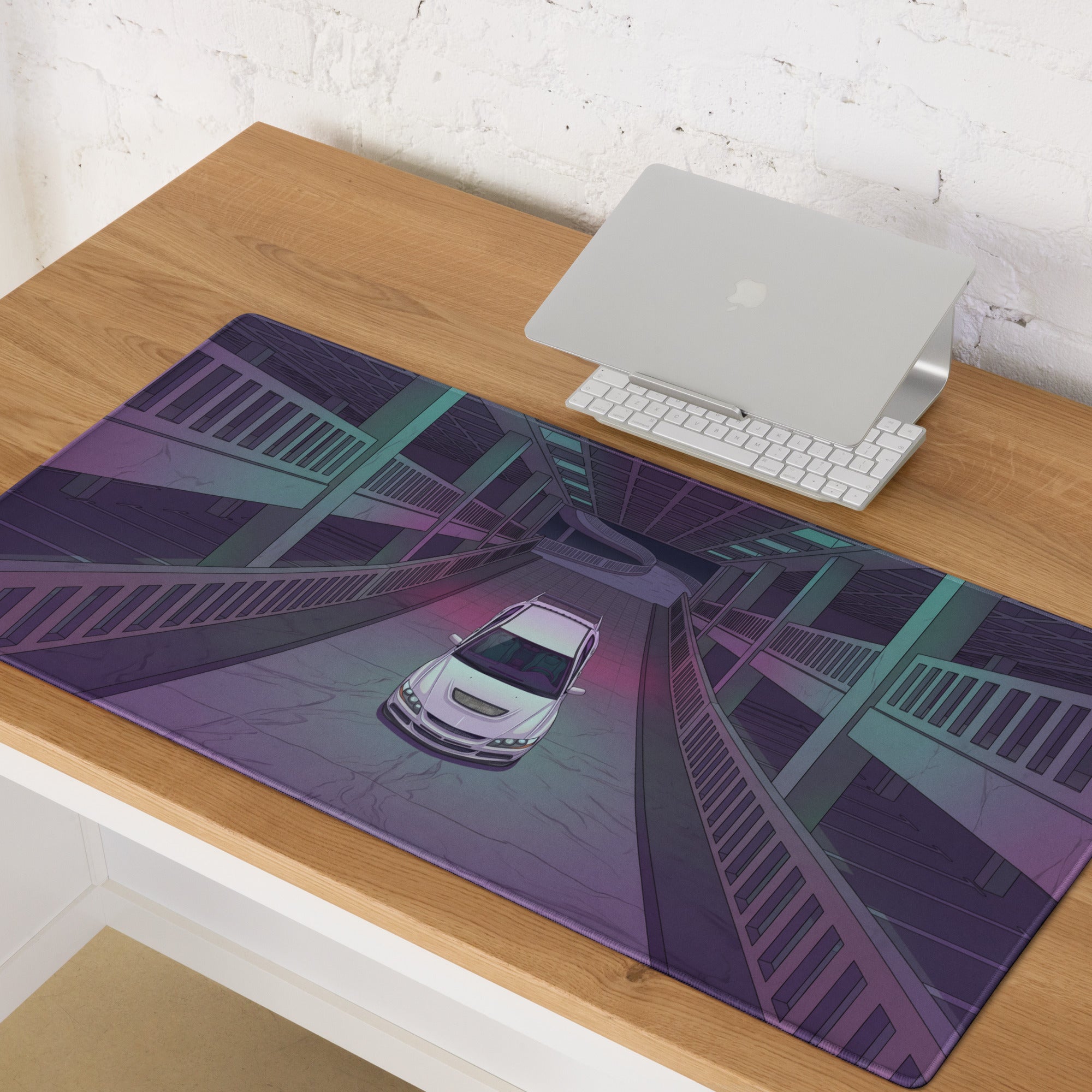 Mitsubishi Lancer Evolution IX Inspired White Purple Vaporwave Gaming Mouse Pad, Neon Futuristic JDM Parking Garage Rally Car Art
