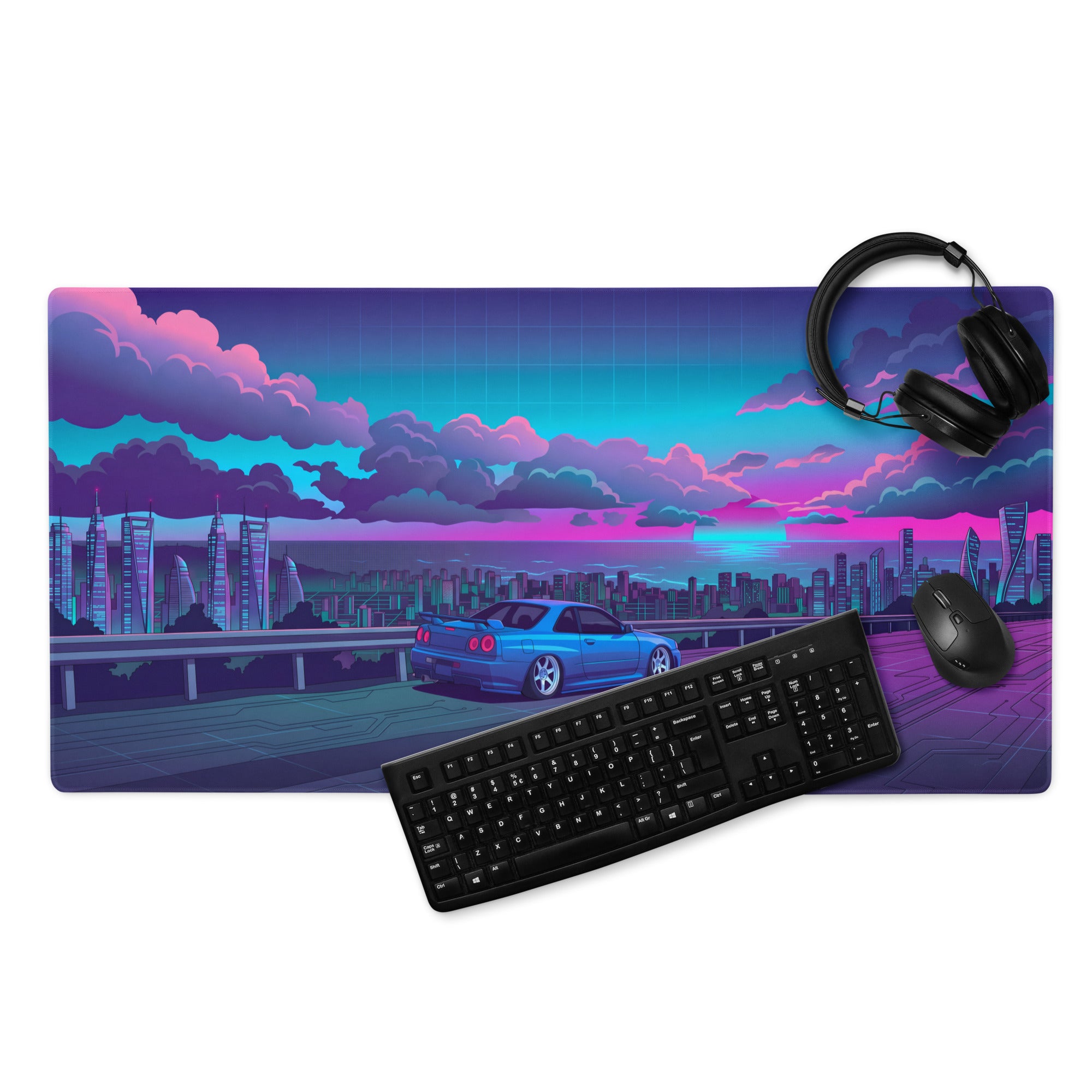 Nissan Skyline GT-R R34 Inspired Blue Pink Vaporwave Gaming Mouse Pad, Neon Futuristic JDM Desk Mat with Cyberpunk Skyline Sports Car Art