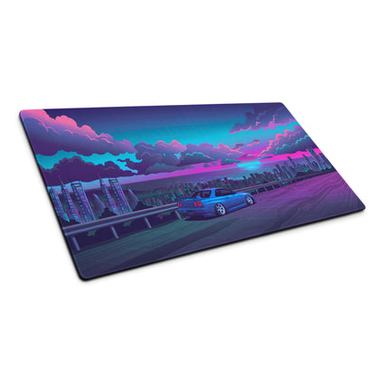 Nissan Skyline GT-R R34 Inspired Blue Pink Vaporwave Gaming Mouse Pad, Neon Futuristic JDM Desk Mat with Cyberpunk Skyline Sports Car Art