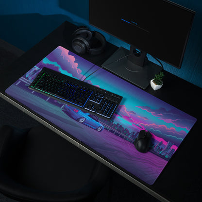 Nissan Skyline GT-R R34 Inspired Blue Pink Vaporwave Gaming Mouse Pad, Neon Futuristic JDM Desk Mat with Cyberpunk Skyline Sports Car Art