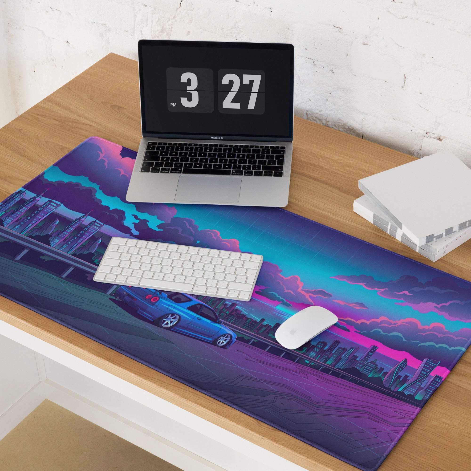 Nissan Skyline GT-R R34 Inspired Blue Pink Vaporwave Gaming Mouse Pad, Neon Futuristic JDM Desk Mat with Cyberpunk Skyline Sports Car Art