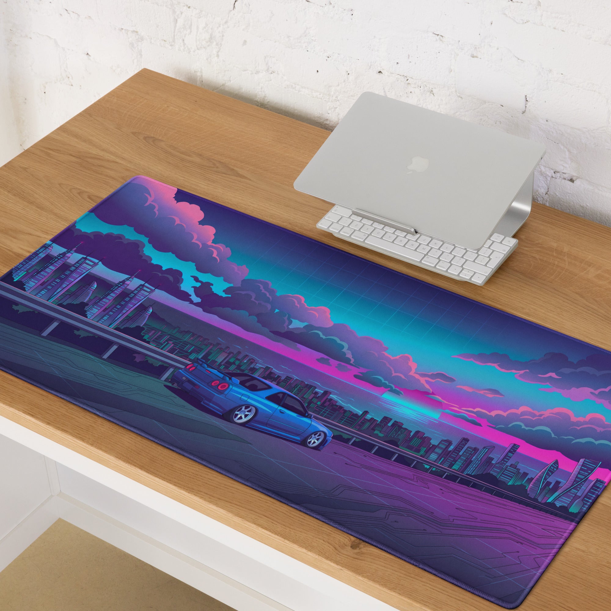 Nissan Skyline GT-R R34 Inspired Blue Pink Vaporwave Gaming Mouse Pad, Neon Futuristic JDM Desk Mat with Cyberpunk Skyline Sports Car Art