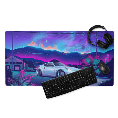 Nissan 370Z Z34 Inspired White Blue Vaporwave Gaming Mouse Pad, Neon Retro Futuristic JDM Desk Mat with Cyberpunk Mountain Night Sports Car Art