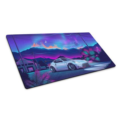 Nissan 370Z Z34 Inspired White Blue Vaporwave Gaming Mouse Pad, Neon Retro Futuristic JDM Desk Mat with Cyberpunk Mountain Night Sports Car Art