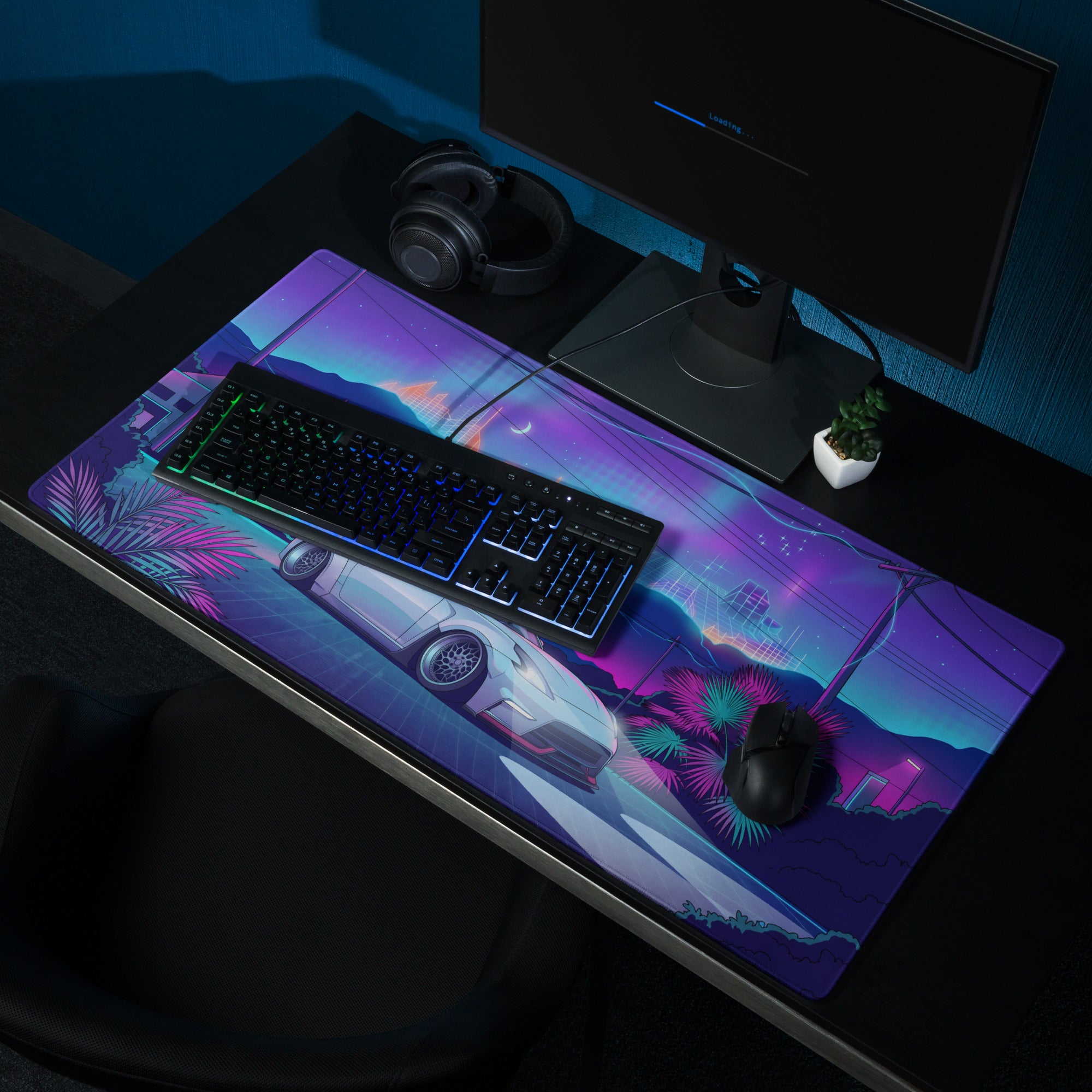 Nissan 370Z Z34 Inspired White Blue Vaporwave Gaming Mouse Pad, Neon Retro Futuristic JDM Desk Mat with Cyberpunk Mountain Night Sports Car Art