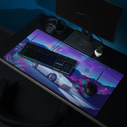 Nissan 370Z Z34 Inspired White Blue Vaporwave Gaming Mouse Pad, Neon Retro Futuristic JDM Desk Mat with Cyberpunk Mountain Night Sports Car Art