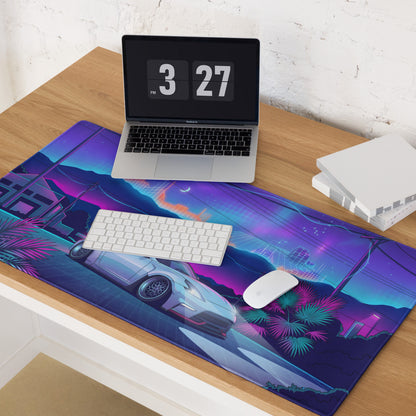 Nissan 370Z Z34 Inspired White Blue Vaporwave Gaming Mouse Pad, Neon Retro Futuristic JDM Desk Mat with Cyberpunk Mountain Night Sports Car Art