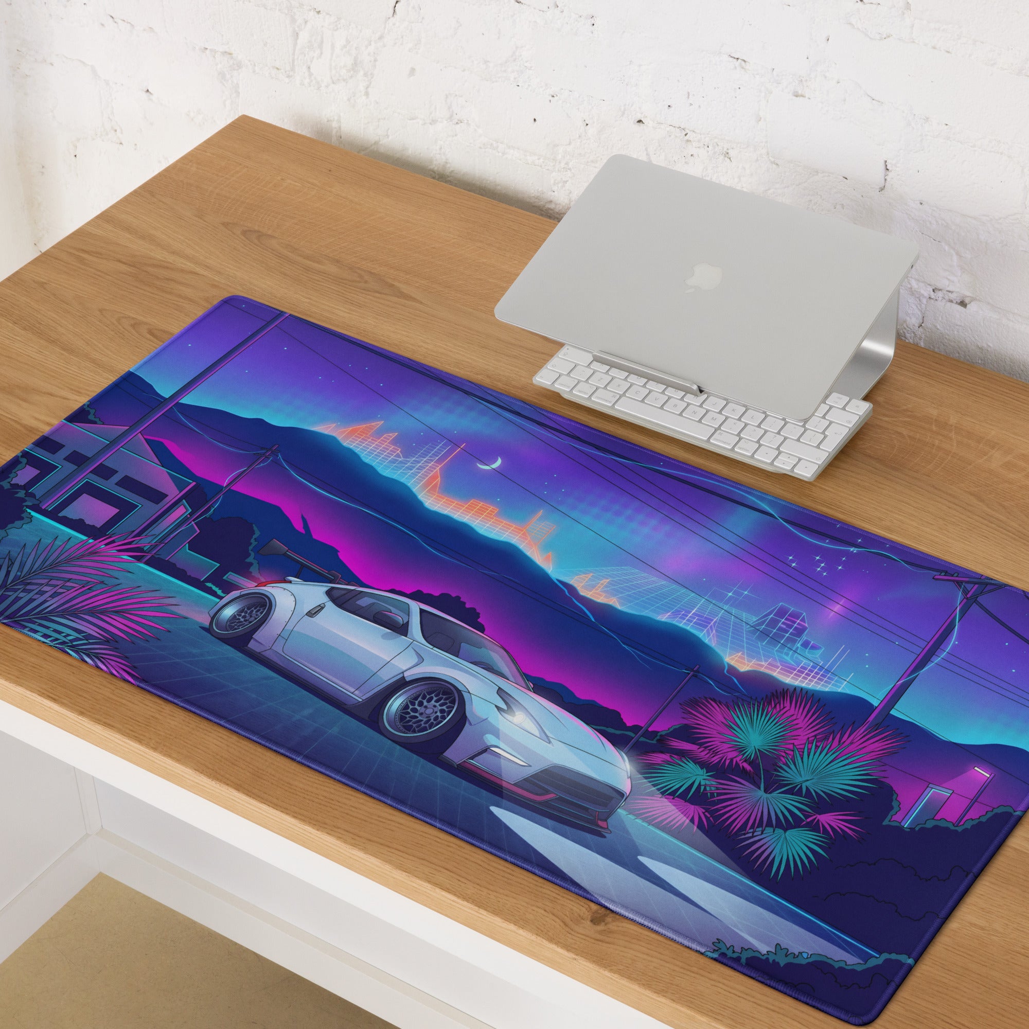 Nissan 370Z Z34 Inspired White Blue Vaporwave Gaming Mouse Pad, Neon Retro Futuristic JDM Desk Mat with Cyberpunk Mountain Night Sports Car Art