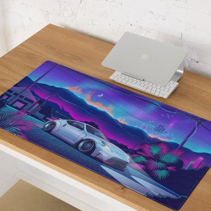 Nissan 370Z Z34 Inspired White Blue Vaporwave Gaming Mouse Pad, Neon Retro Futuristic JDM Desk Mat with Cyberpunk Mountain Night Sports Car Art