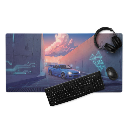 Nissan Skyline GT-R R34 Inspired Blue Purple Vaporwave Gaming Mouse Pad, Neon Futuristic JDM Desk Mat with Cyberpunk Alley Sports Car Art