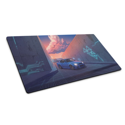 Nissan Skyline GT-R R34 Inspired Blue Purple Vaporwave Gaming Mouse Pad, Neon Futuristic JDM Desk Mat with Cyberpunk Alley Sports Car Art