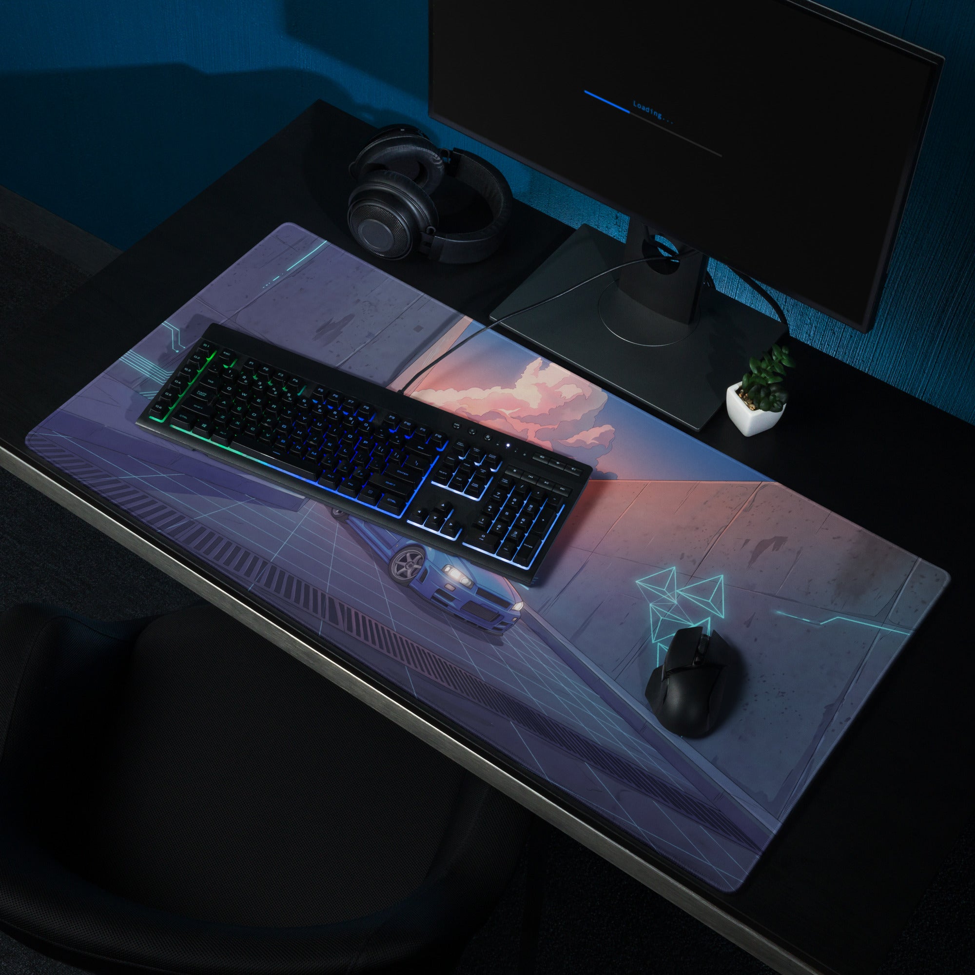 Nissan Skyline GT-R R34 Inspired Blue Purple Vaporwave Gaming Mouse Pad, Neon Futuristic JDM Desk Mat with Cyberpunk Alley Sports Car Art