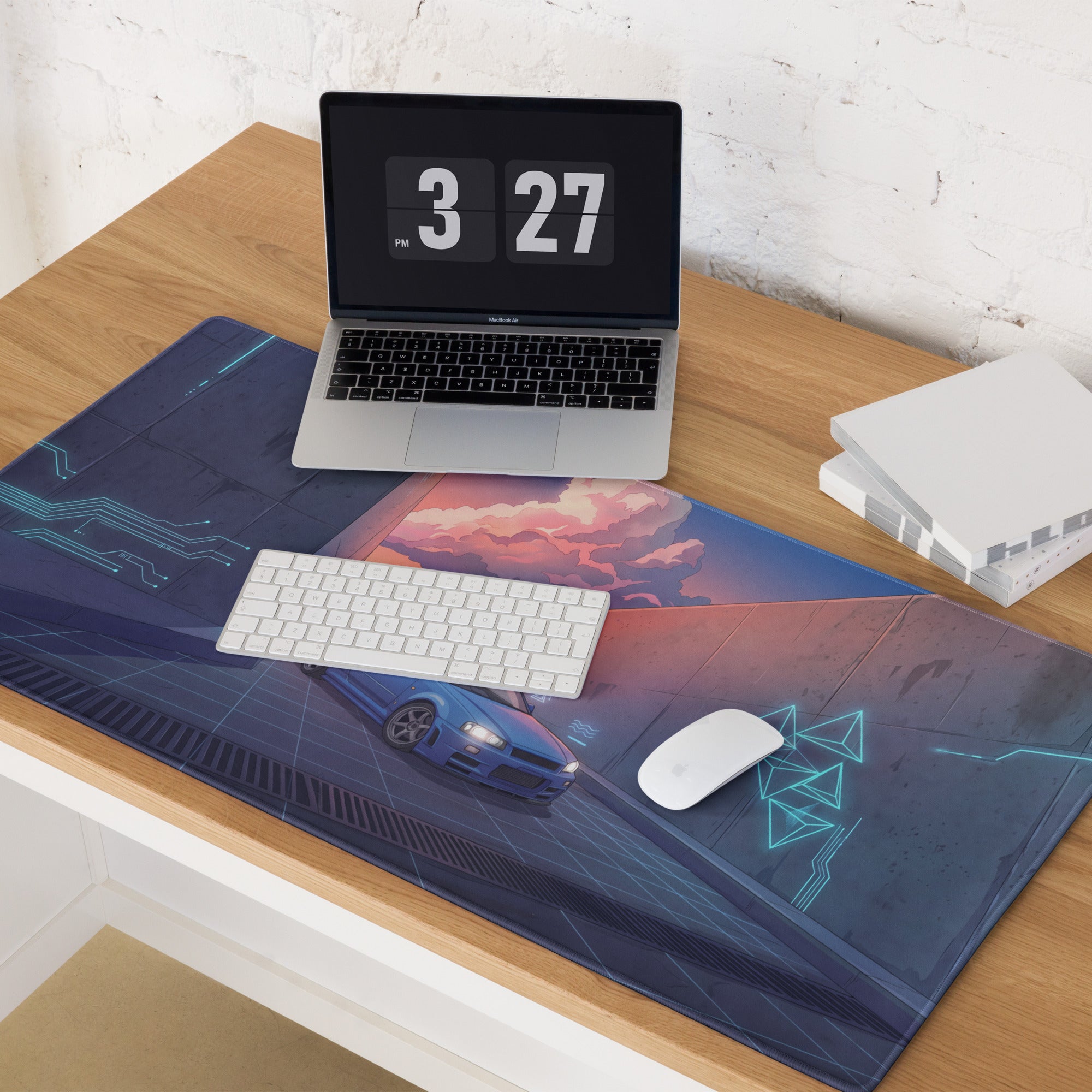 Nissan Skyline GT-R R34 Inspired Blue Purple Vaporwave Gaming Mouse Pad, Neon Futuristic JDM Desk Mat with Cyberpunk Alley Sports Car Art
