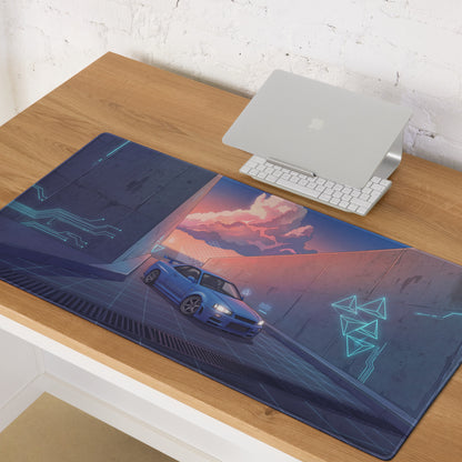Nissan Skyline GT-R R34 Inspired Blue Purple Vaporwave Gaming Mouse Pad, Neon Futuristic JDM Desk Mat with Cyberpunk Alley Sports Car Art