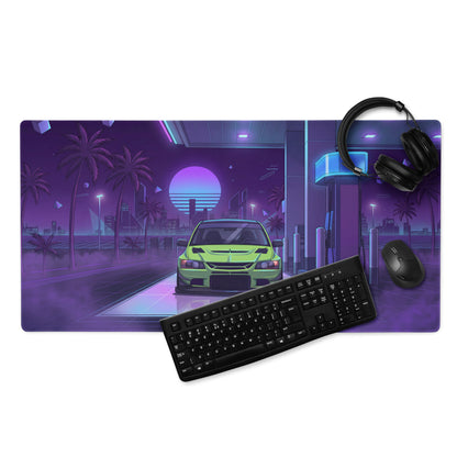Mitsubishi Lancer Evolution IX Inspired Lime Green Purple Vaporwave Gaming Mouse Pad, Neon Retro Futuristic JDM Gas Station Rally Car Desk Mat