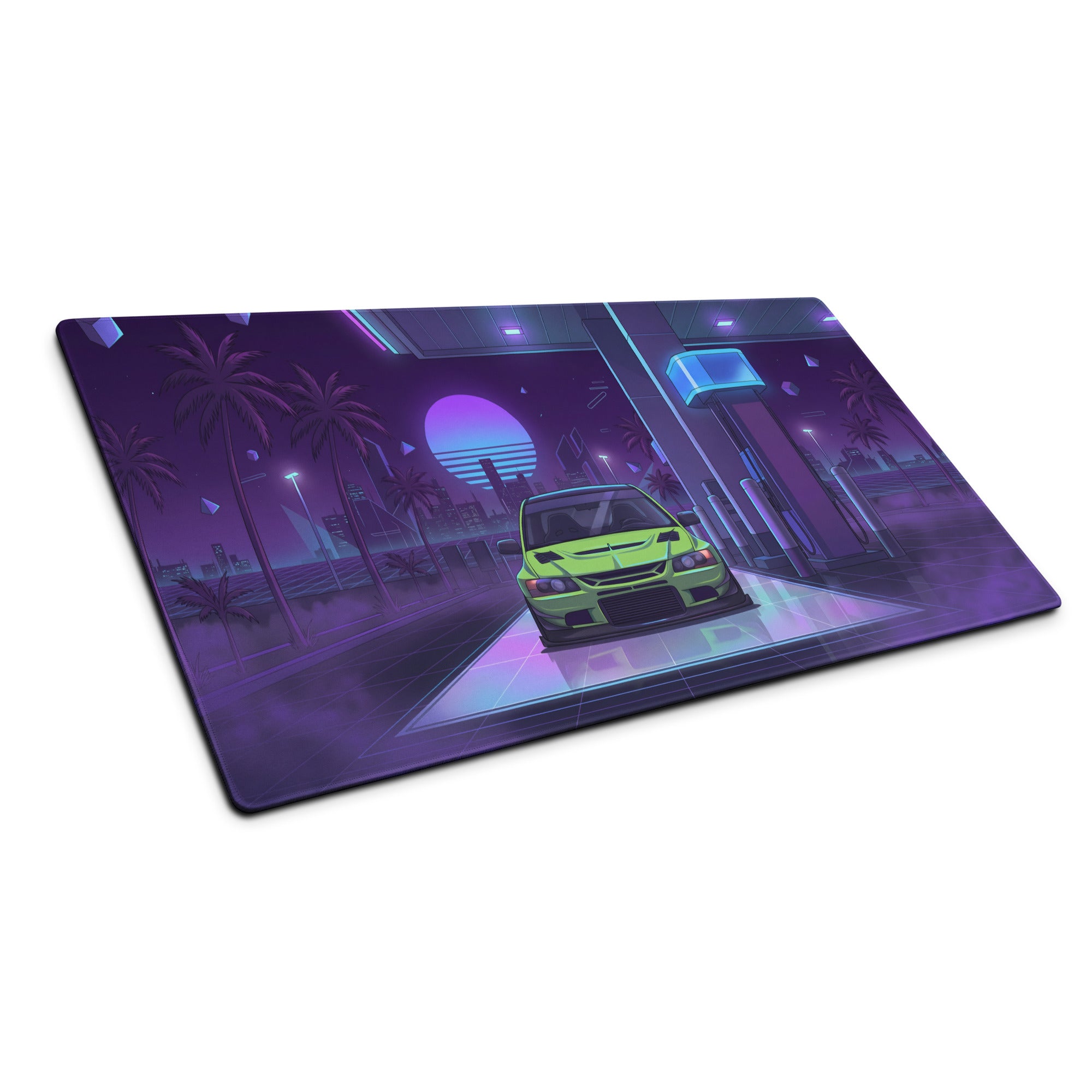 Mitsubishi Lancer Evolution IX Inspired Lime Green Purple Vaporwave Gaming Mouse Pad, Neon Retro Futuristic JDM Gas Station Rally Car Desk Mat