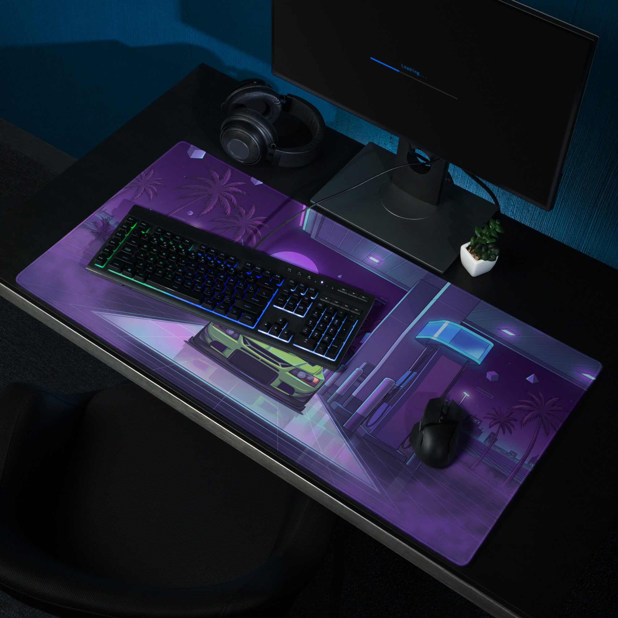 Mitsubishi Lancer Evolution IX Inspired Lime Green Purple Vaporwave Gaming Mouse Pad, Neon Retro Futuristic JDM Gas Station Rally Car Desk Mat