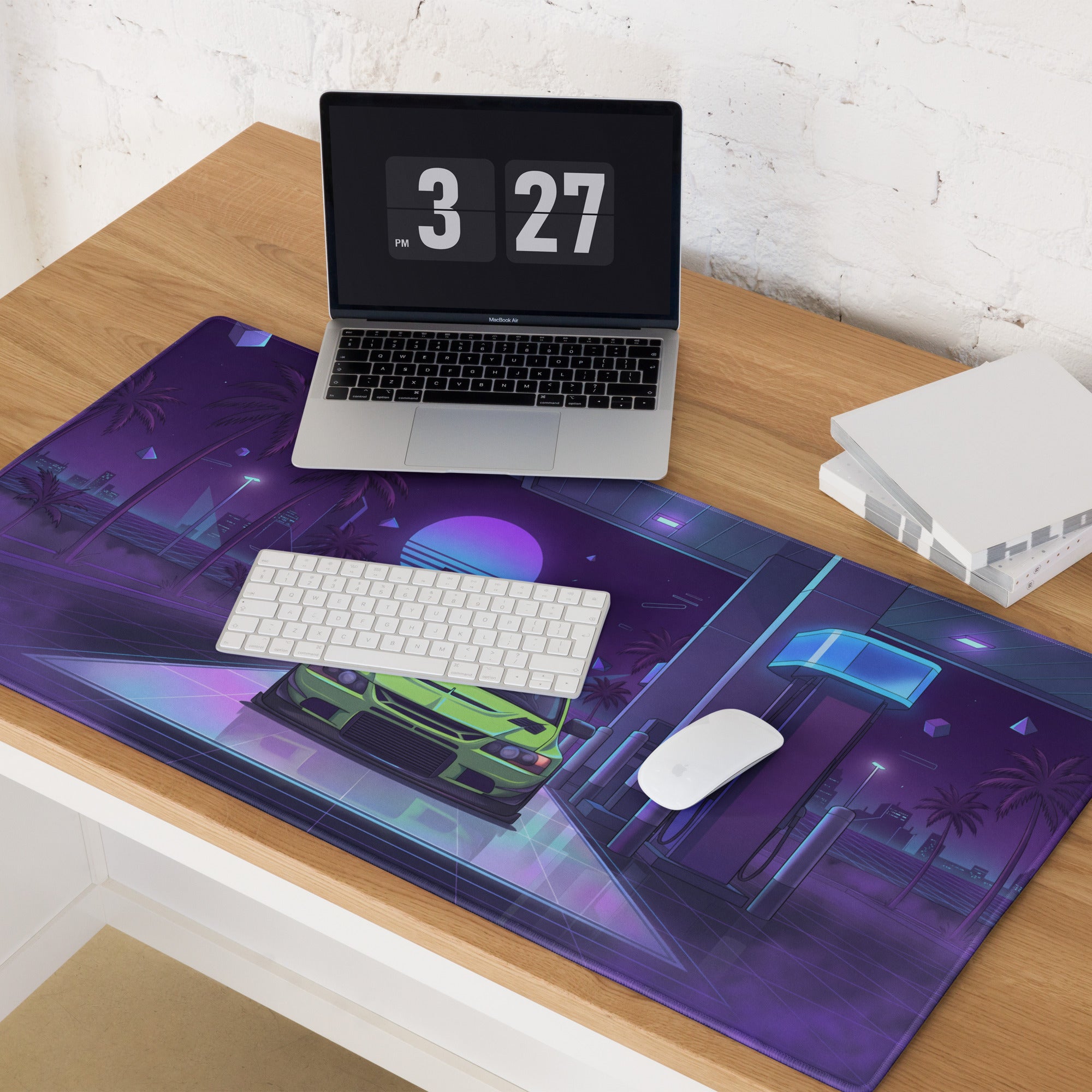 Mitsubishi Lancer Evolution IX Inspired Lime Green Purple Vaporwave Gaming Mouse Pad, Neon Retro Futuristic JDM Gas Station Rally Car Desk Mat