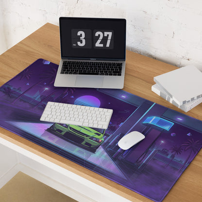 Mitsubishi Lancer Evolution IX Inspired Lime Green Purple Vaporwave Gaming Mouse Pad, Neon Retro Futuristic JDM Gas Station Rally Car Desk Mat