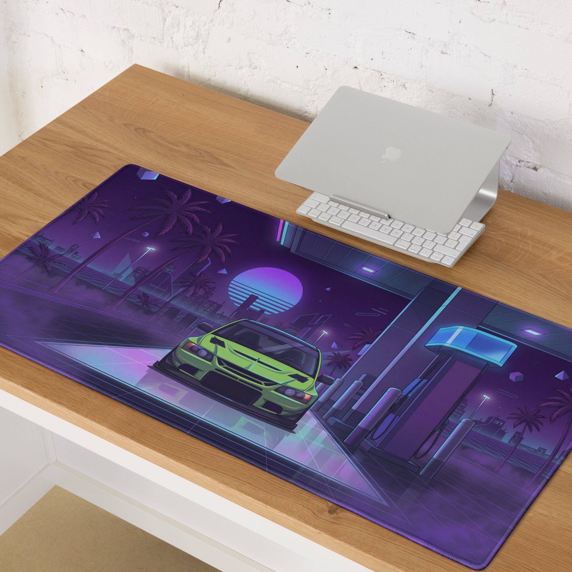 Mitsubishi Lancer Evolution IX Inspired Lime Green Purple Vaporwave Gaming Mouse Pad, Neon Retro Futuristic JDM Gas Station Rally Car Desk Mat