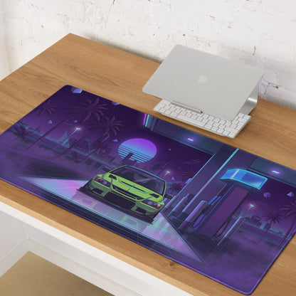 Mitsubishi Lancer Evolution IX Inspired Lime Green Purple Vaporwave Gaming Mouse Pad, Neon Retro Futuristic JDM Gas Station Rally Car Desk Mat